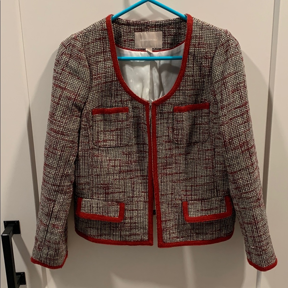 Banana Republic Red, Black and White Tweed Blazer / Jacket Sz 8